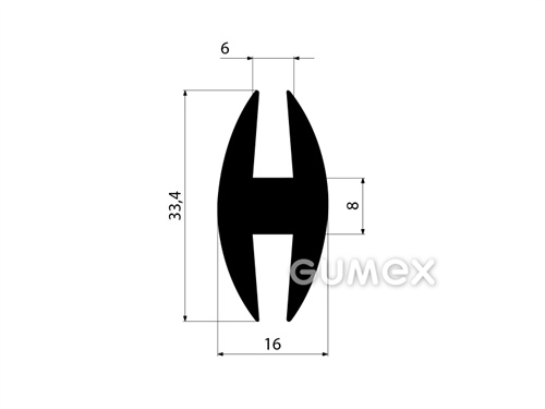 Gumový profil tvaru "H", 33,4x16/6/6mm, 70°ShA, EPDM, -40°C/+100°C, čierny